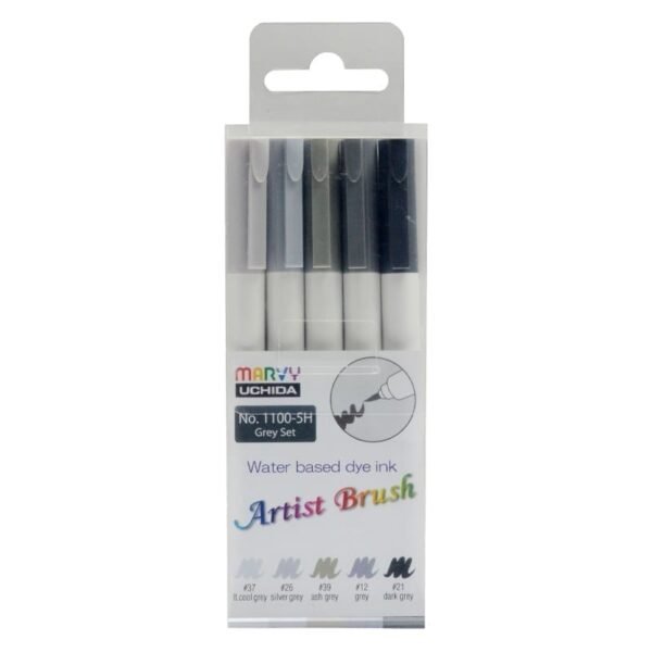 MARVY flomasteriai teptukiniu galiuku Artist Brush #1100-5H Grey, 5 vnt.