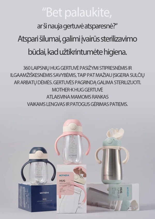 Mother-K HUG tritano gertuvė su šiaudeliu, 300 ml (pink beige) - Image 9